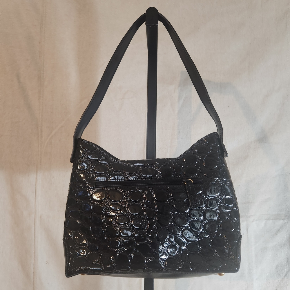 Genuine Patent Leather Elegant Black Croc-Embossed Women's Shoulder Bag - Picture 3 of 9